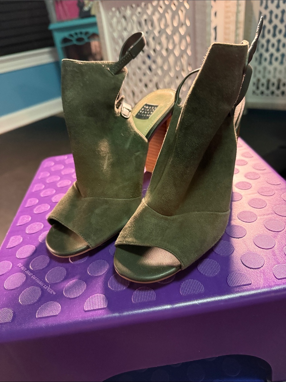 White House Black Market Olive Green Suede Open-Toe Block Heel Sandals